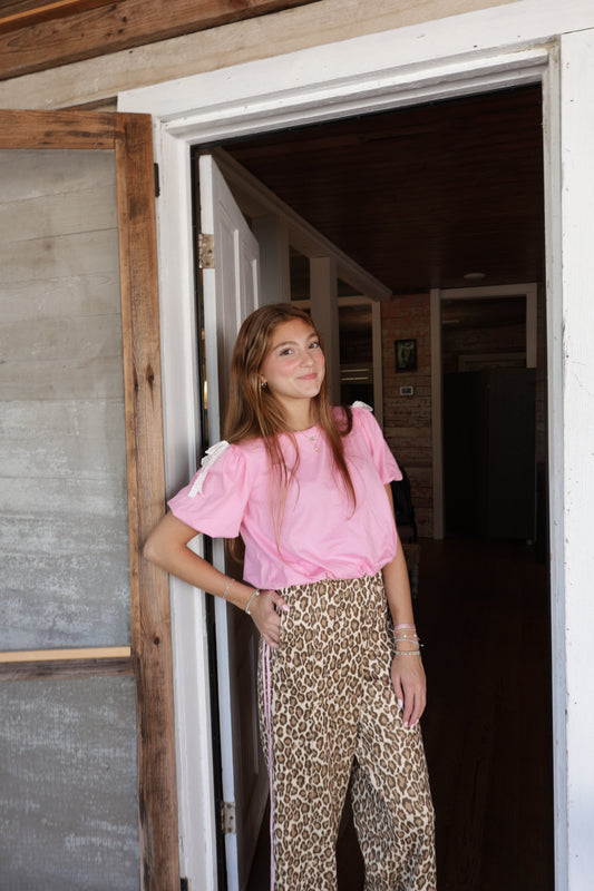 Cheetah pink bow track pants