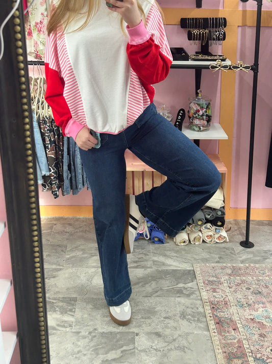 Ribbed white and pink long sleeve tee