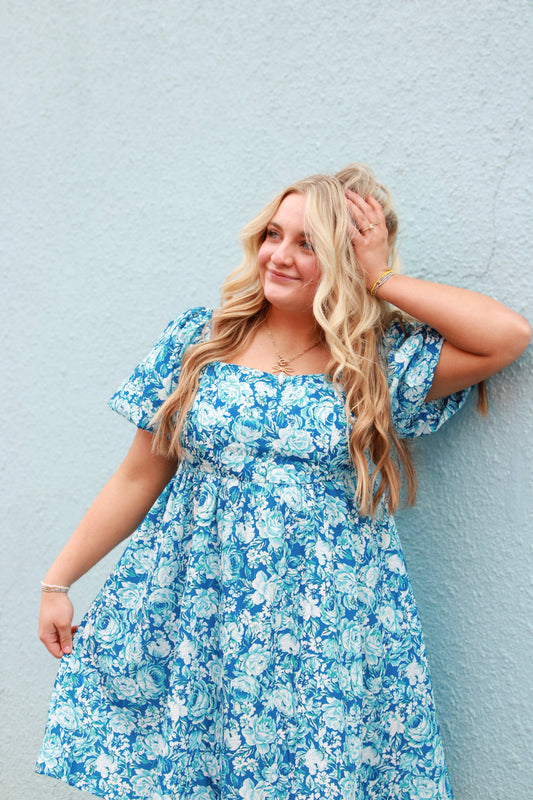 Blue floral baby doll dress